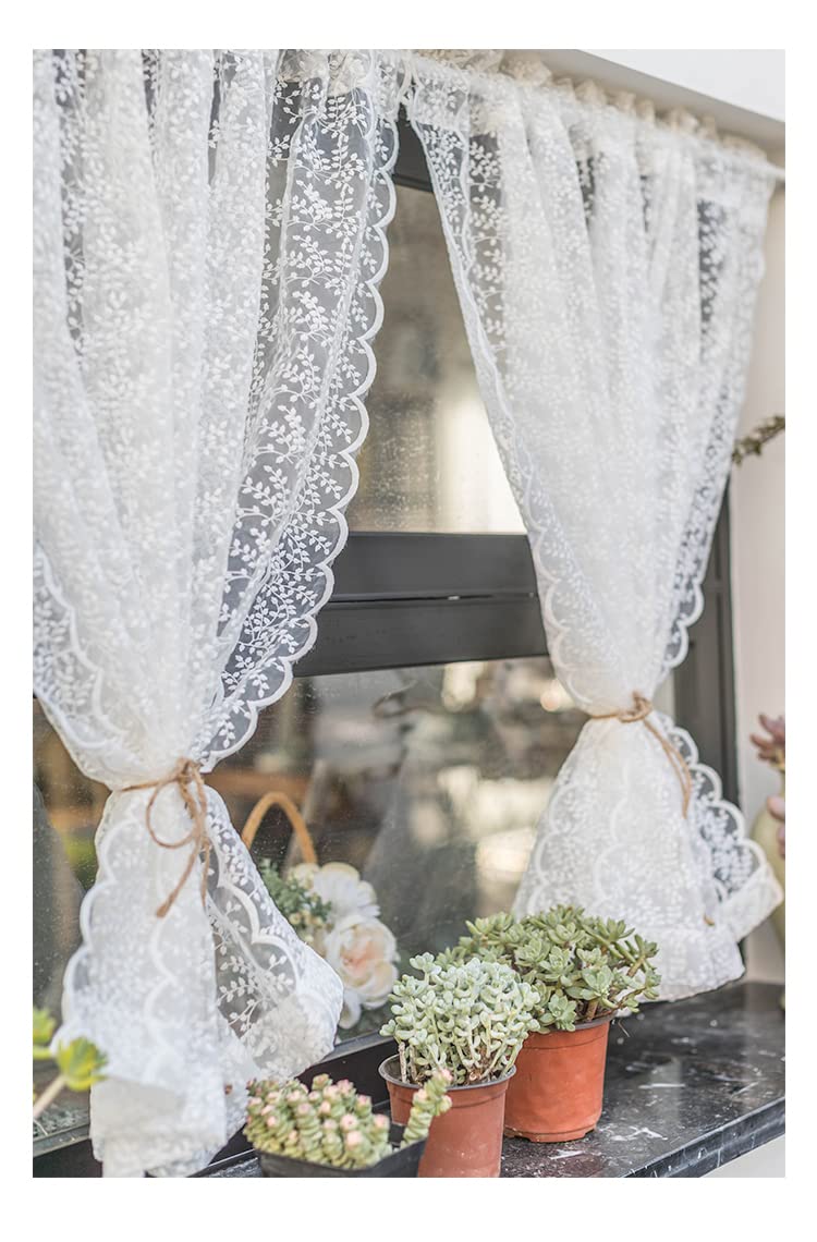Tenda con design in pizzo, tenda trasparente delicata per cucina, soggiorno, stile casa di campagna, 1 pezzo, bianco, 130 x 260 cm (L x A)