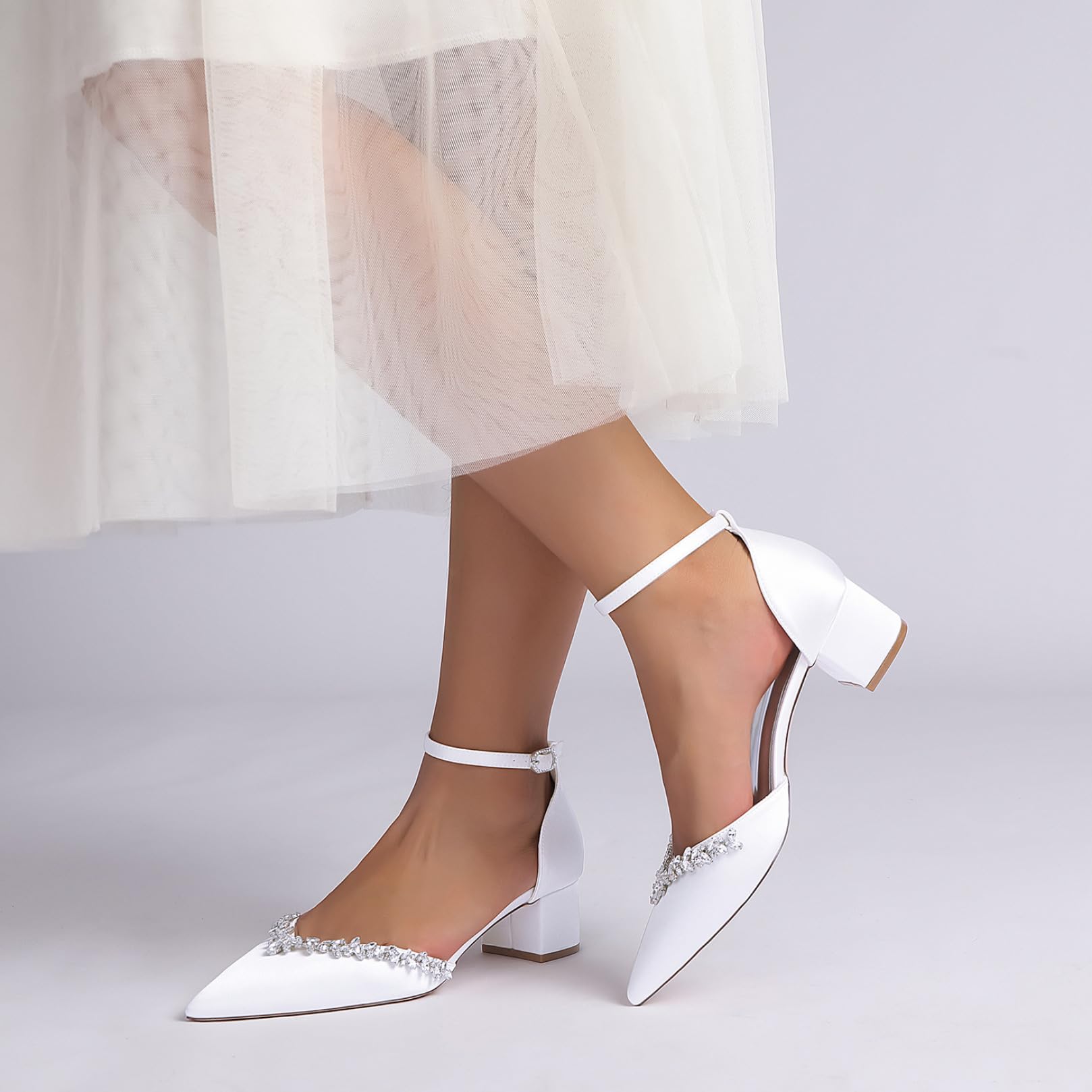 Mujer Tacón Gruesos Medio Zapatos De Novia Correa Al Tobillo Zapatillas De Vestir con Diamantes De Imitación Puntera Puntiaguda Zapatos De Fiesta De Graduación De Boda