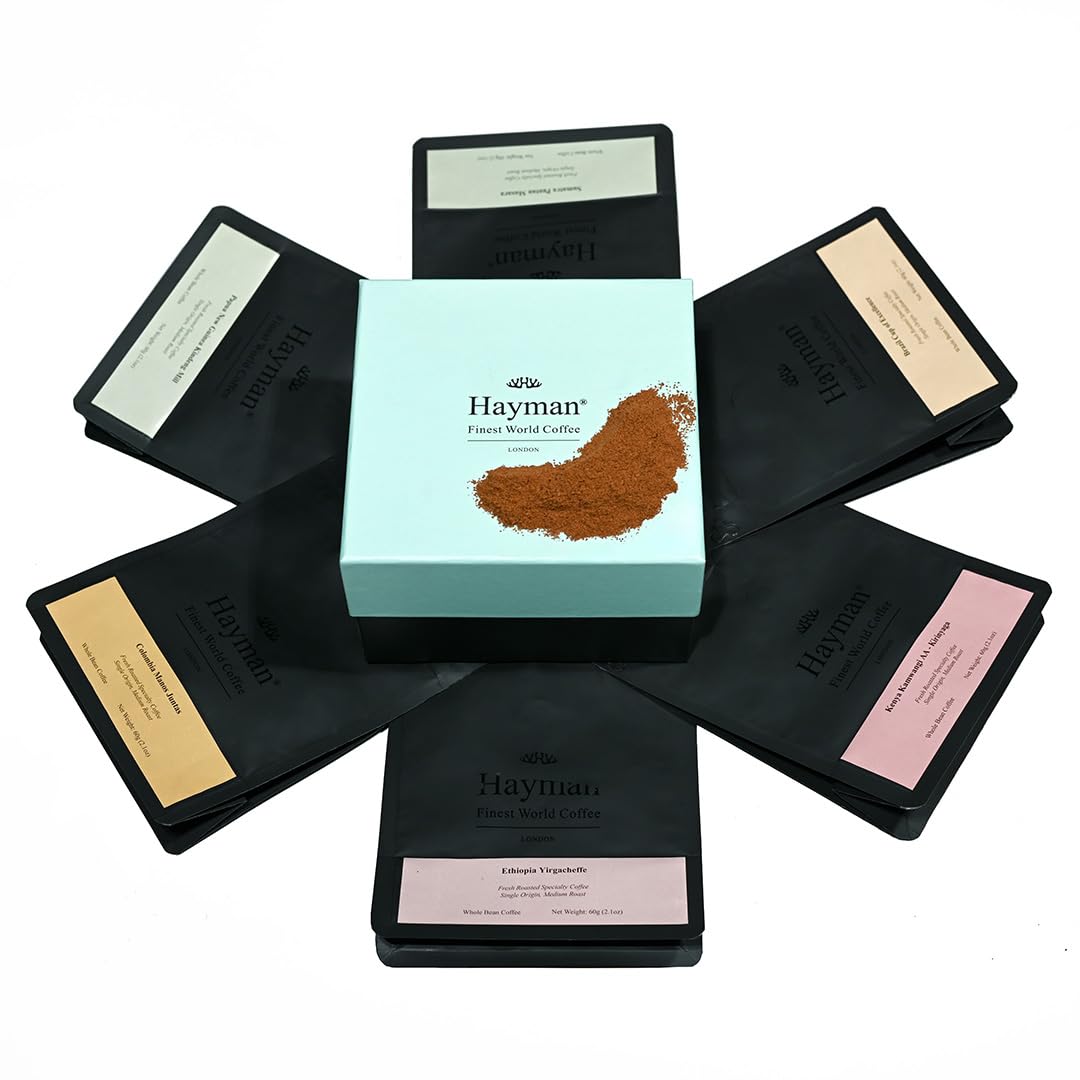 Hayman, Pudełko do degustacji kawy, 6-pakowy zestaw upominkowy do wyboru kawy gourmet, zestaw degustacyjny z kawą premium, mielona, średnie palenie, 6 torebek po 60g każda (łącznie 360g)