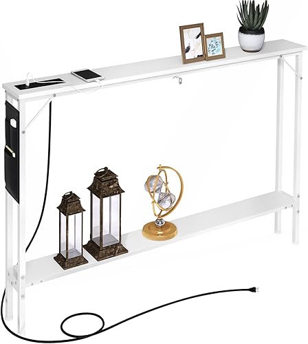 SAUCE ZHAN Mesa de sofá con salida y puerto USB, mesa consola de 47 pulgadas detrás del sofá con marco de acero, mesa de entrada estrecha para sofá,