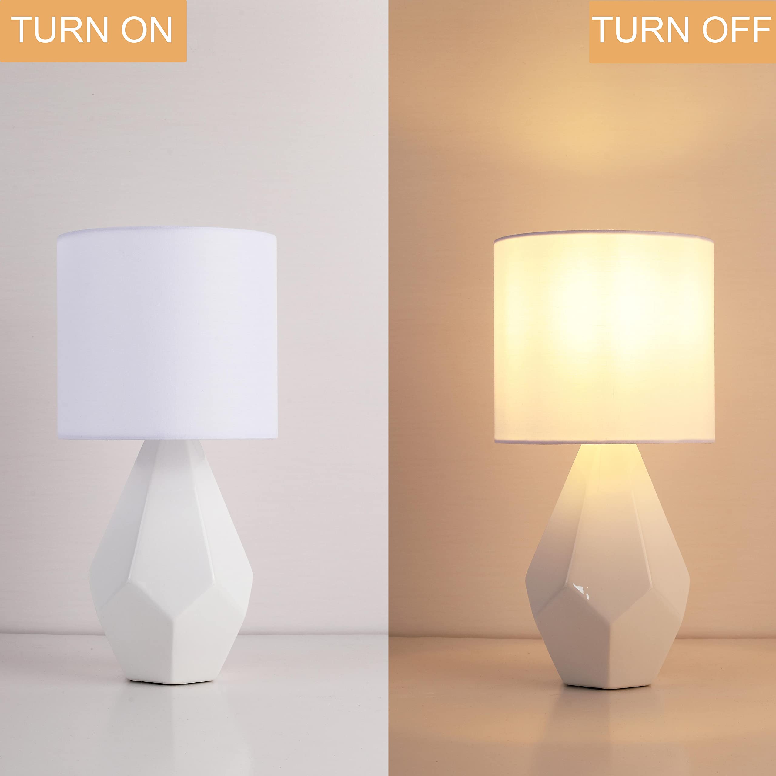 Somniferous White Ceramic Table Lamp, Geometric Small Bedside Lamp with Fabric Shade, Modern Nightstand Lamp for Bedroom Living Room Reading Room, H 15" x W 7"
