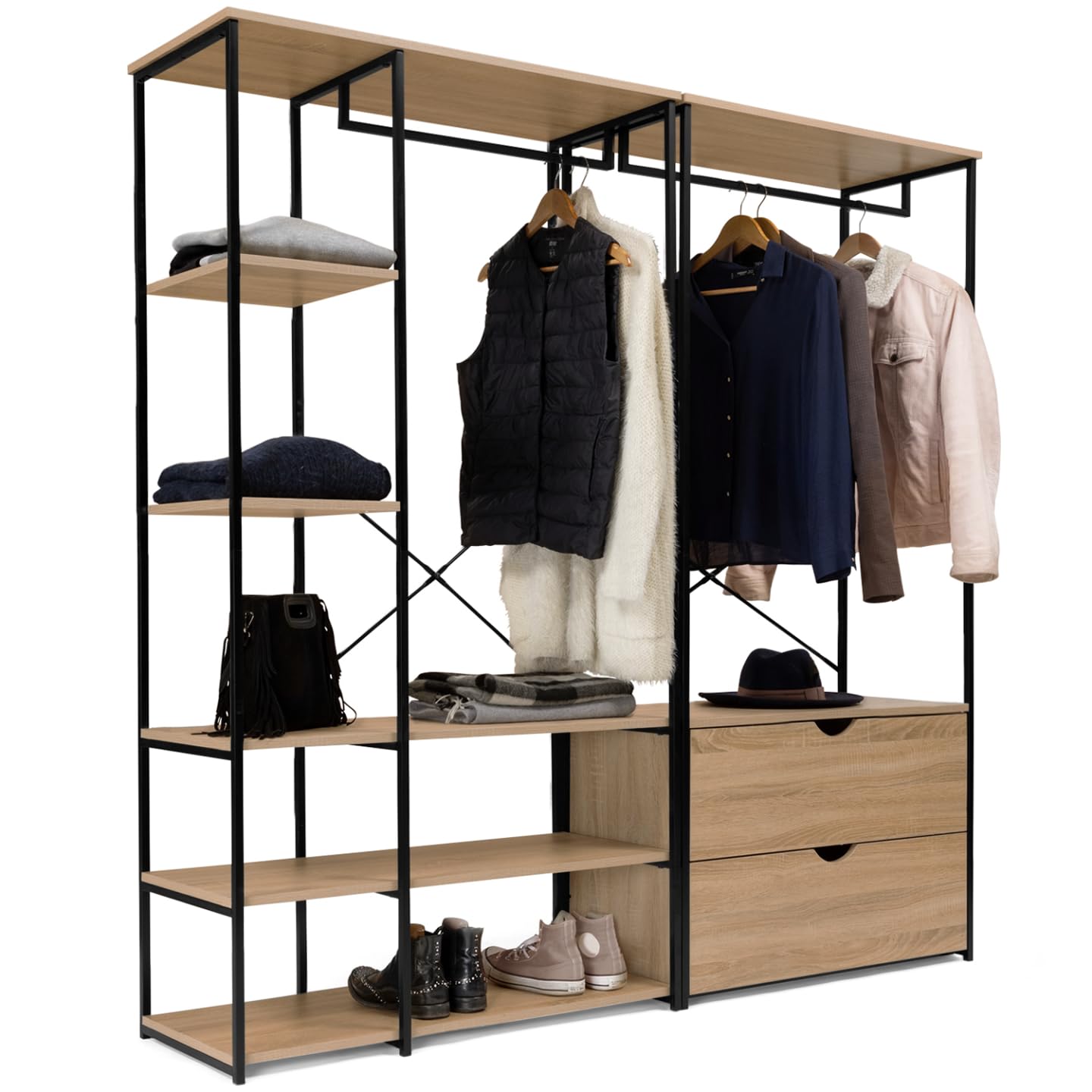 IDMarket – Armario modular doble con barras para colgar, estanterías y 2 cajones DETROIT diseño industrial