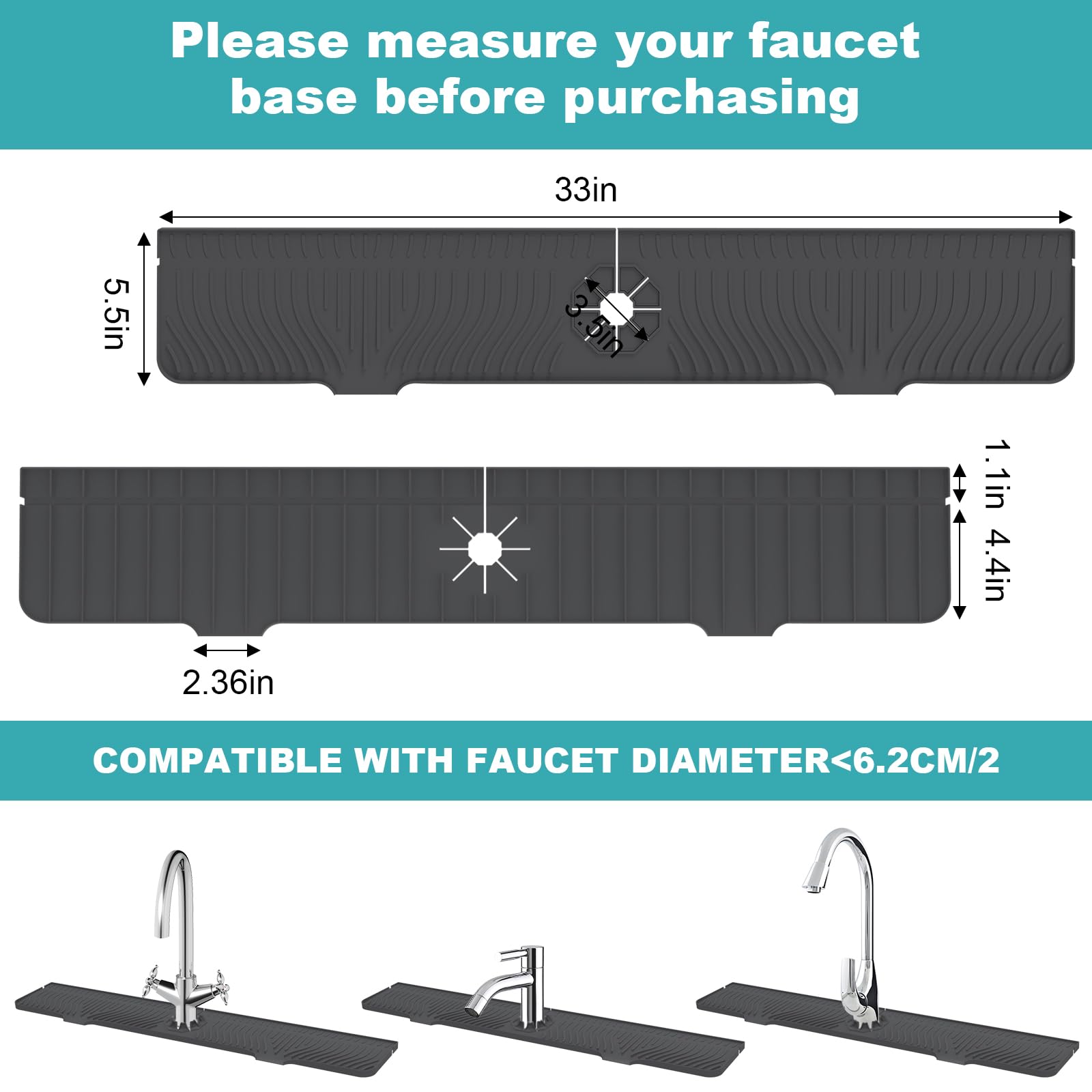 Tappetino per rubinetto del lavandino da 83 cm, paraspruzzi per lavello da cucina, paraspruzzi, portasapone, vassoio in silicone più lungo, vassoio raccogli gocce per cucina, bagno, fattoria (nero)