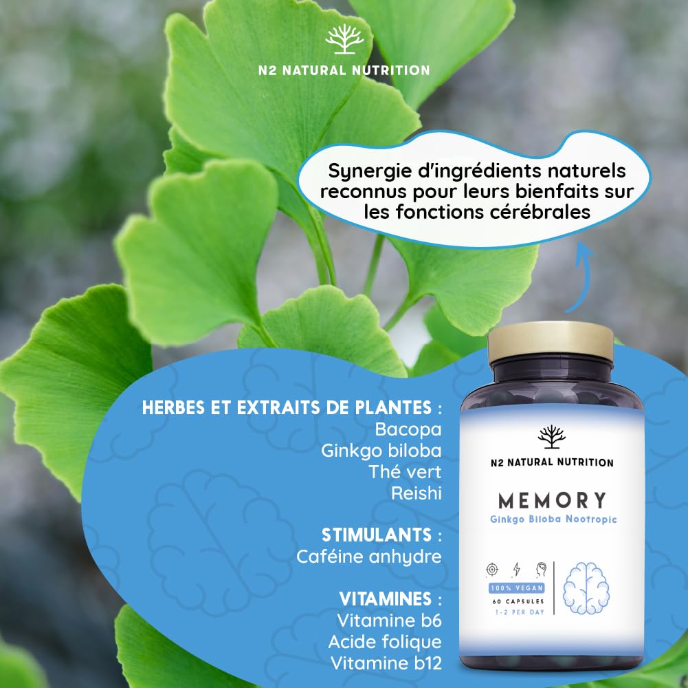 Ginkgo Biloba Nootropic. Cafeine Vitamine B6 Bacopa Thé Verde. Améliore Concentration Memoire Anxiete et Humeur. Anti fatigue. Aide au bien etre general. Végan 60 Capsules N2 Natural Nutrition