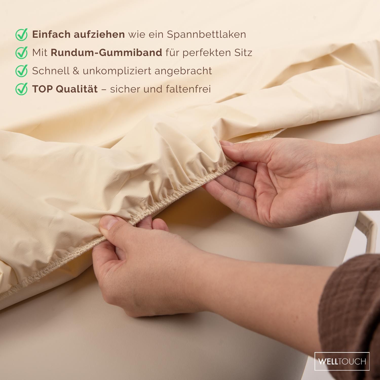 WellTouch Ölresistenter PU-Bezug L extralang | Spannbezug für Kosmetik-, Behandlungs- & Massageliege | Öl- & wasserabweisendes Spannlaken | Maschinenwaschbarer Liegenbezug | creme-farben