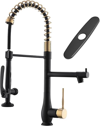 GIMILI Grifo de cocina negro y dorado con rociador desplegable Grifo de fregadero de cocina de alta presión de una sola manija Grifos de cocina de