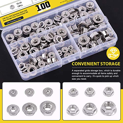 Mardatt M-123 100Pcs 6 Sizes Sae 304 Stainless Steel Serrated Hex Flange Nuts Assortment Kit 1/4-20 5/16-18 3/8-16 10-24 8-32 6-32 thumb #3