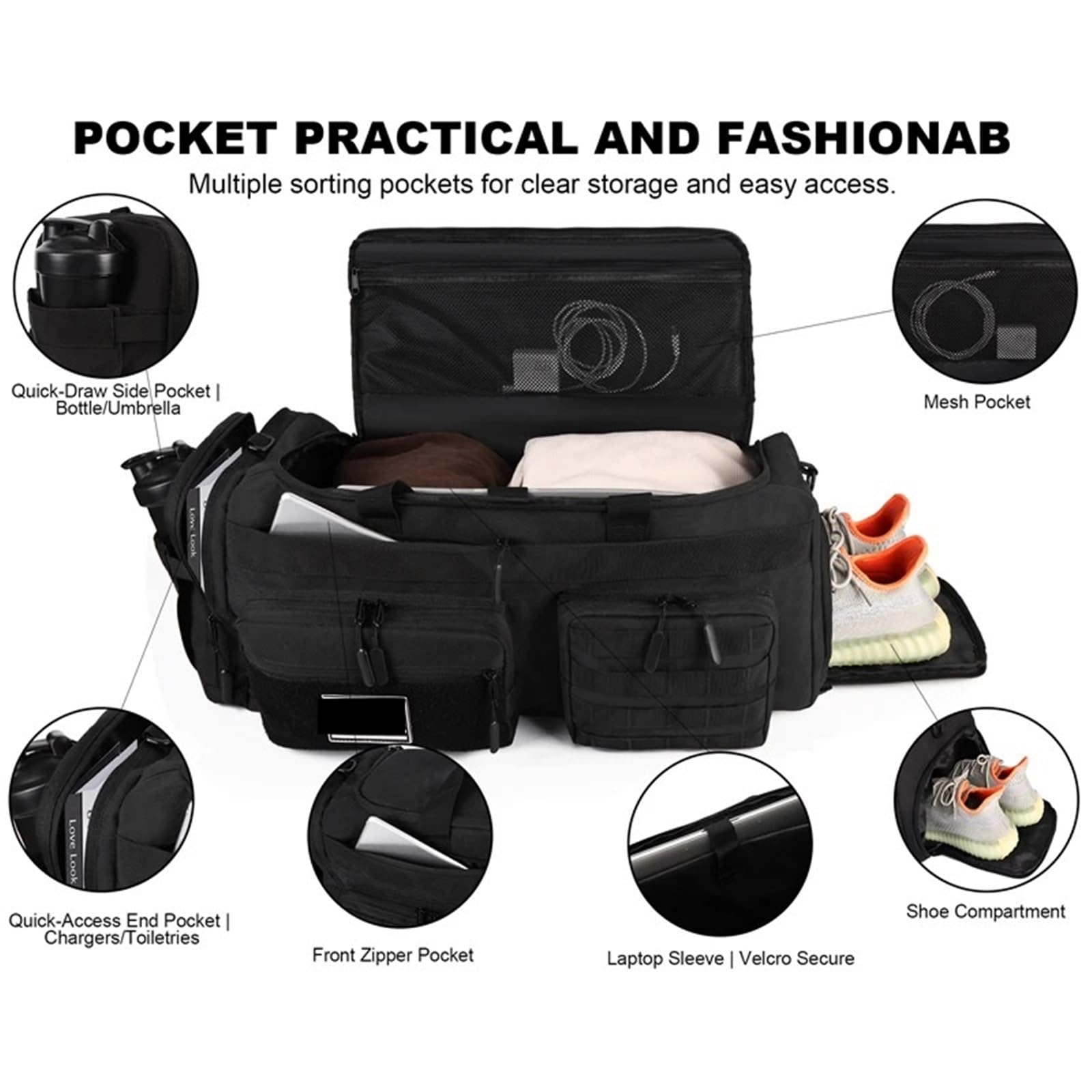Bolsa Deporte Bolsa de Lona Viaje 3 en 1 50L for Hombre, Bolsas Deportivas Grandes for Gimnasio, Mochila con Compartimento for Zapatos y Bolsillo húmedo(Black and White)