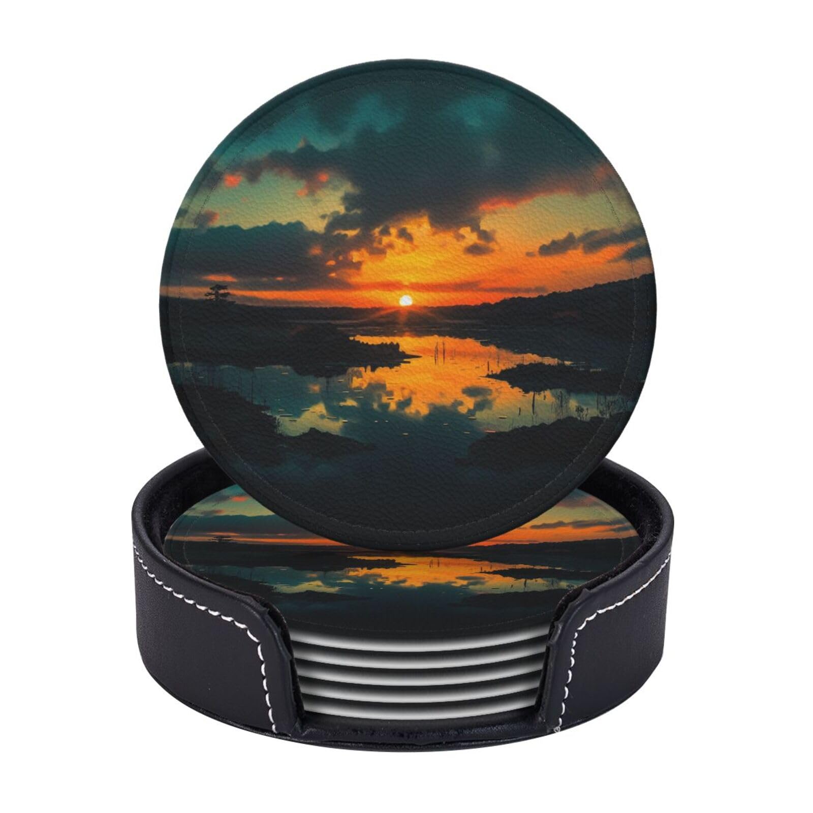 6Pcs PU Leather Coaster for Drinks, Sunset Dawn Cup Coasters with Holder, Aesthetic Drink Coasters for Coffee Table, Round Coaster for Tabletop Protection 4" Cup Mat Pad