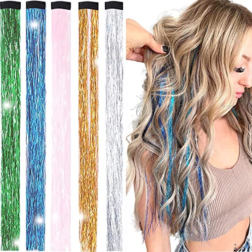 Sunpals Hair Tinsel Kit 5 Color Clip in Tinsel Hair Extensions Packs of 5Pcs 20.5 Inch Heat Resistant Fairy Hair Tinsel Kit Dazzle Hair Accessories Glitter Hair Extensions for Christmas Halloween Cosplay Party