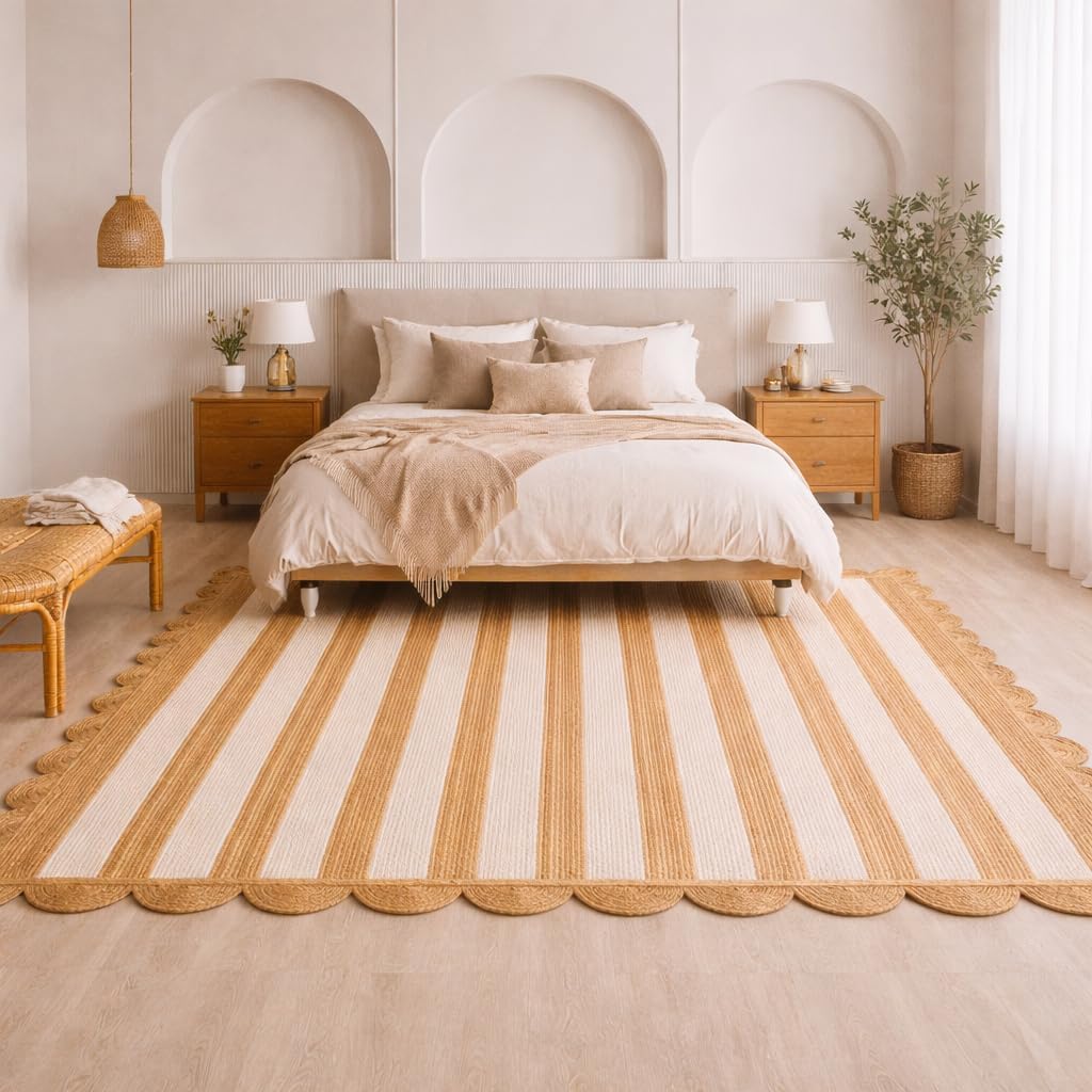 HOMEMONDE Scalloped Jute Area Rug 8'x10' Natural Stripe - Boho Home Décor Farmhouse Style Eco-Friendly Fiber Rug Hand Braided Rustic Vintage for Living Room, Bedroom, Dining Room, Hallway, Kitchen