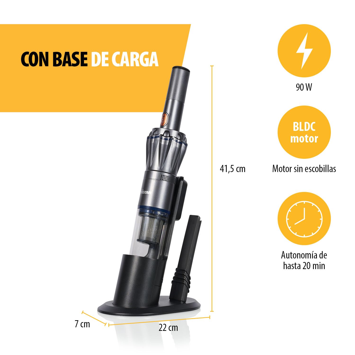 Tristar Aspirador de Mano, 12 kPa de Succión, Inalámbrico, Motor BLDC 90W, Filtro HEPA H12, 15 Min de Autonomía, Base con Almacenamiento de Accesorios, Compacto y Ligero, KR-3160