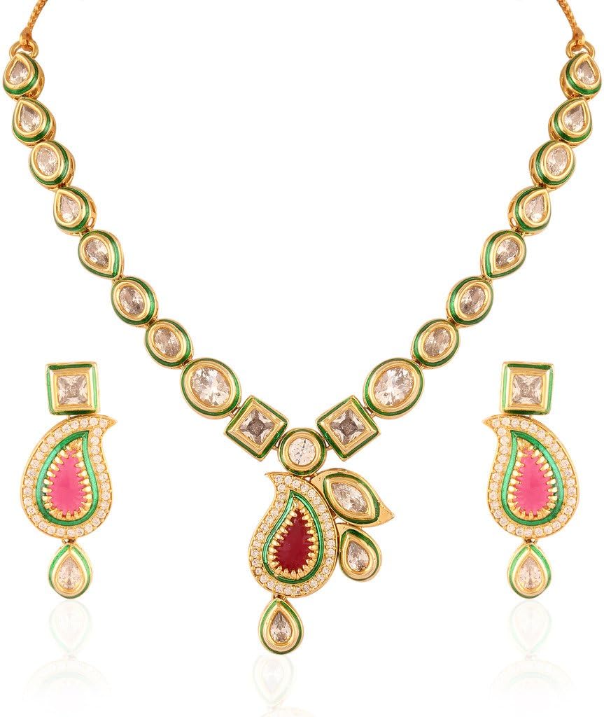 I Jewels Indian Traditional Bollywood Wedding Gold Plated Pachikam Kundan Jadao Necklace Jewellery Set for Women