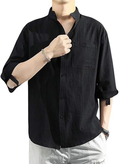 Amazon Rehoodnメンズ 夏 ７分袖 シャツ メンズ ボタンダウン 綿麻 シャツ 立ち襟 シャツ シンプル トップス コンフォート カジュアル シャツ ファッション ルームウェア お出かけシャツ シャツ 通販