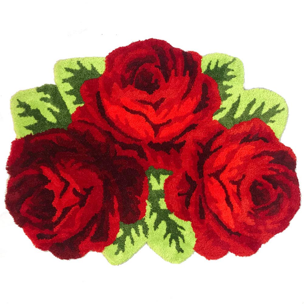 ABREEZE Farmhouse Floral Mat Anti-Slip Toilet Rug Modern Carpet Washable Area Rug (3 Roses, Red)