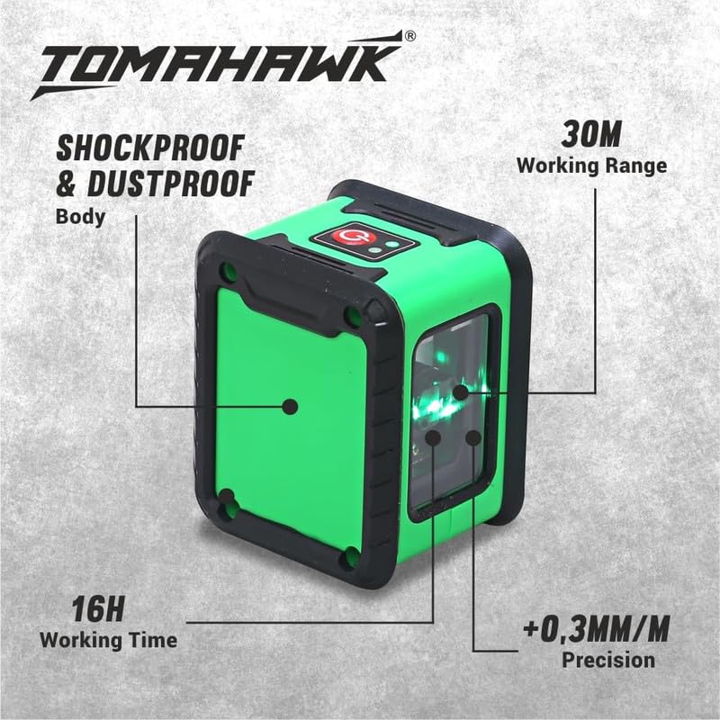 TOMAHAWK® TLL 02 - Compact 2 Green Line Laser Level - 98ft Green Cross Self-Levelling Laser Line for Construction with 360° Vertical/Horizontal Magnetic Base, Adjustable Brightness, Pack of 3 1