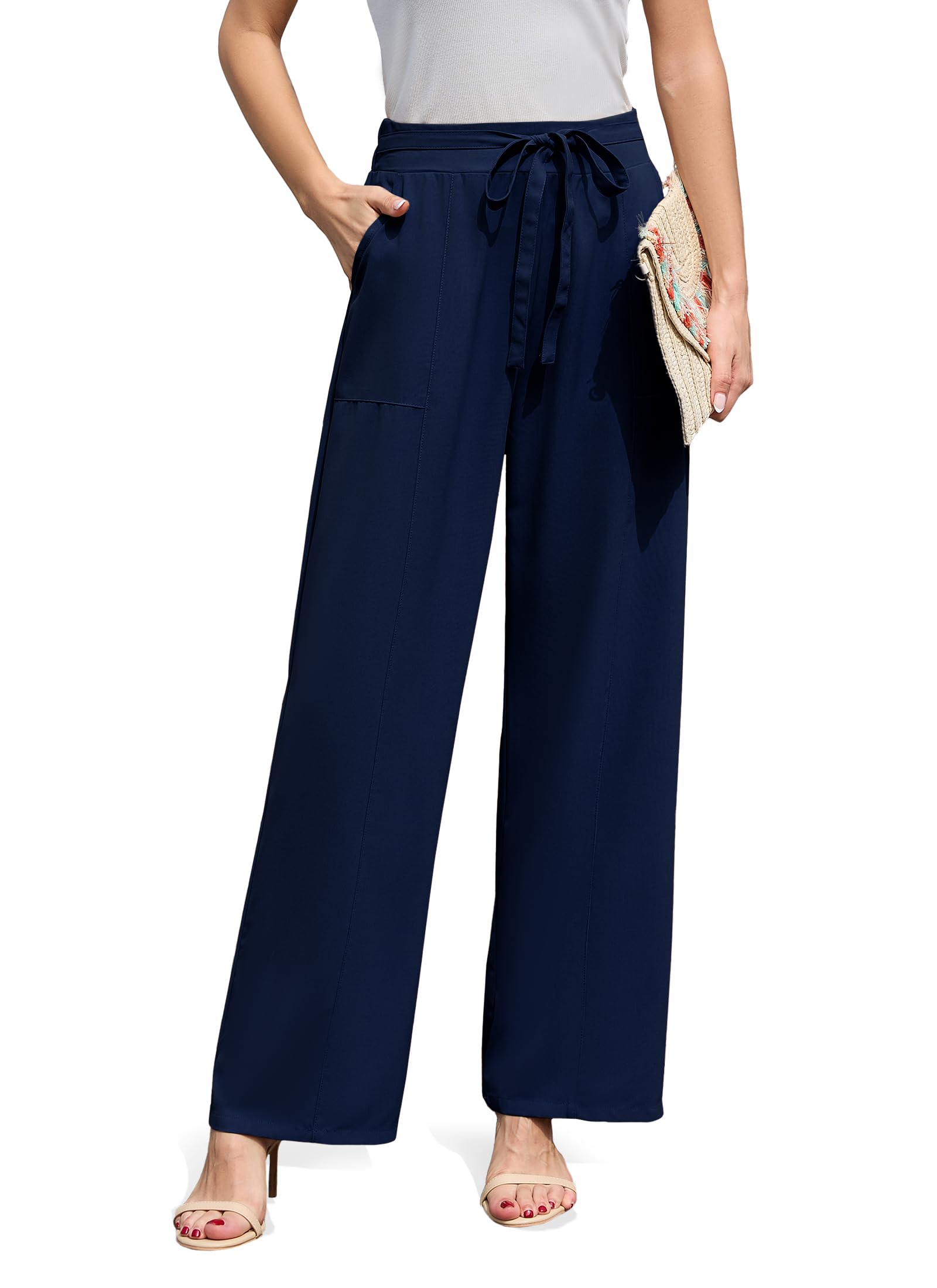 XNC Womens Wide Leg Pants High Waisted Adjustable Tie Knot Loose Trousers Business Work Casual Pants with Pockets