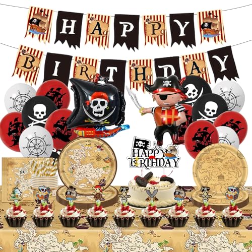 Décoration Anniversaire Pirate: avec Grand Bateau Pirate Ballons en Aluminium Assiettes en Carton Paille Serviettes Présentoir à Gâteaux Bannière Ballon...
