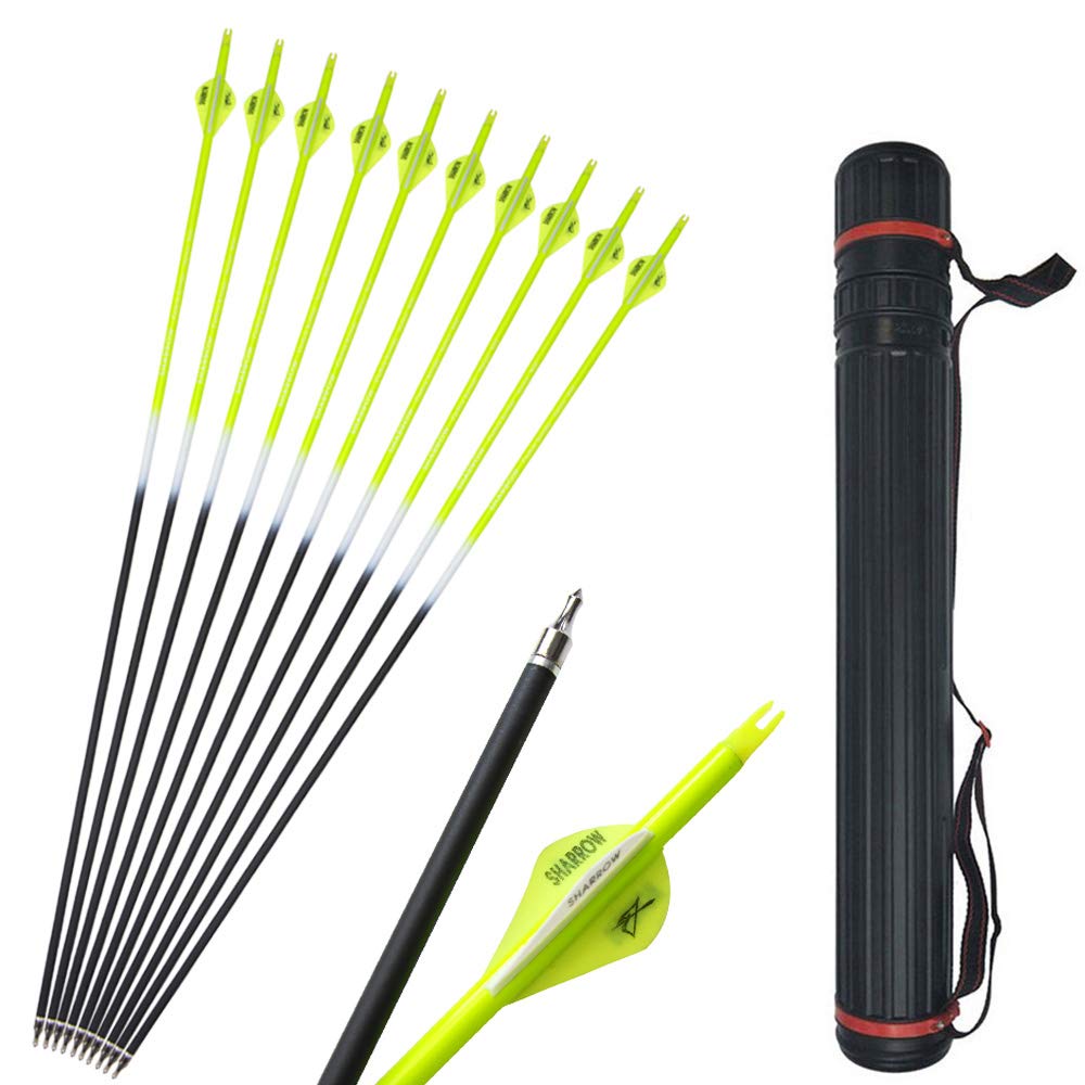 12pcs Archery Carbon Arrows 30 inch Hunting Target Arrows 500 Spine with Arrow Quiver for Recurve Compound Bow Shooting (Yellow+Quiver)