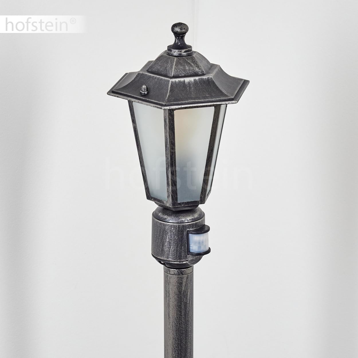Lampe d'extérieur Loria, avec détecteur de mouvement en métal/verre noir-argenté/blanc, lampe d'extérieur à l'aspect antique, 107cm, lampe de jardin, éclairage de jardin IP44, 1x E27, sans ampoule