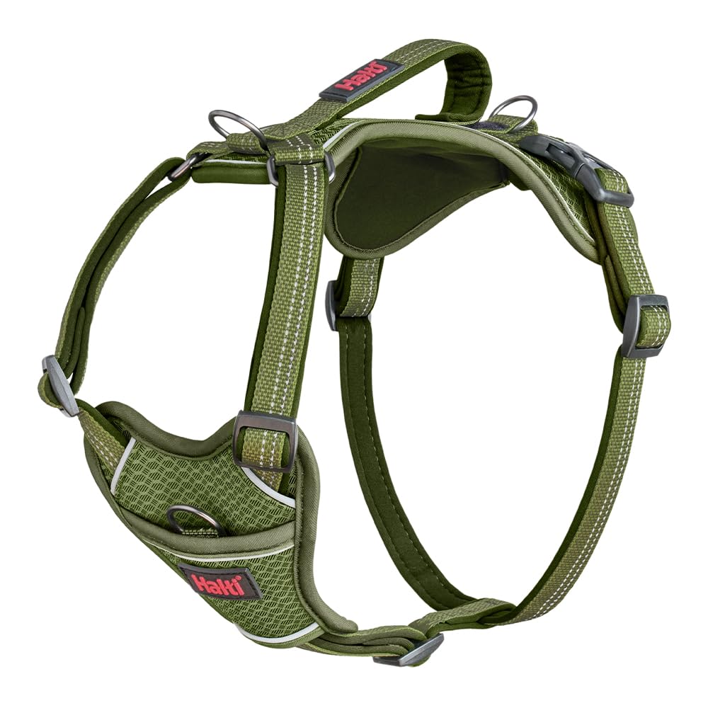 Arnés de Perro HALTI Anatomy con asa - Proporciona Libertad de Movimiento a tu Perro para Que pasee cómodamente. 3 Puntos de Enganche y Acolchado de Neopreno, Ajustable y Reflectante (Talla M, Verde)