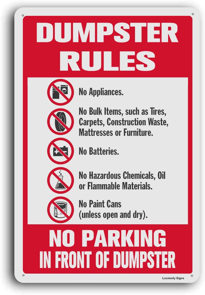 Aluminum Dumpster Rules Sign, 8x12 Inch, Funny Dumpster Sign