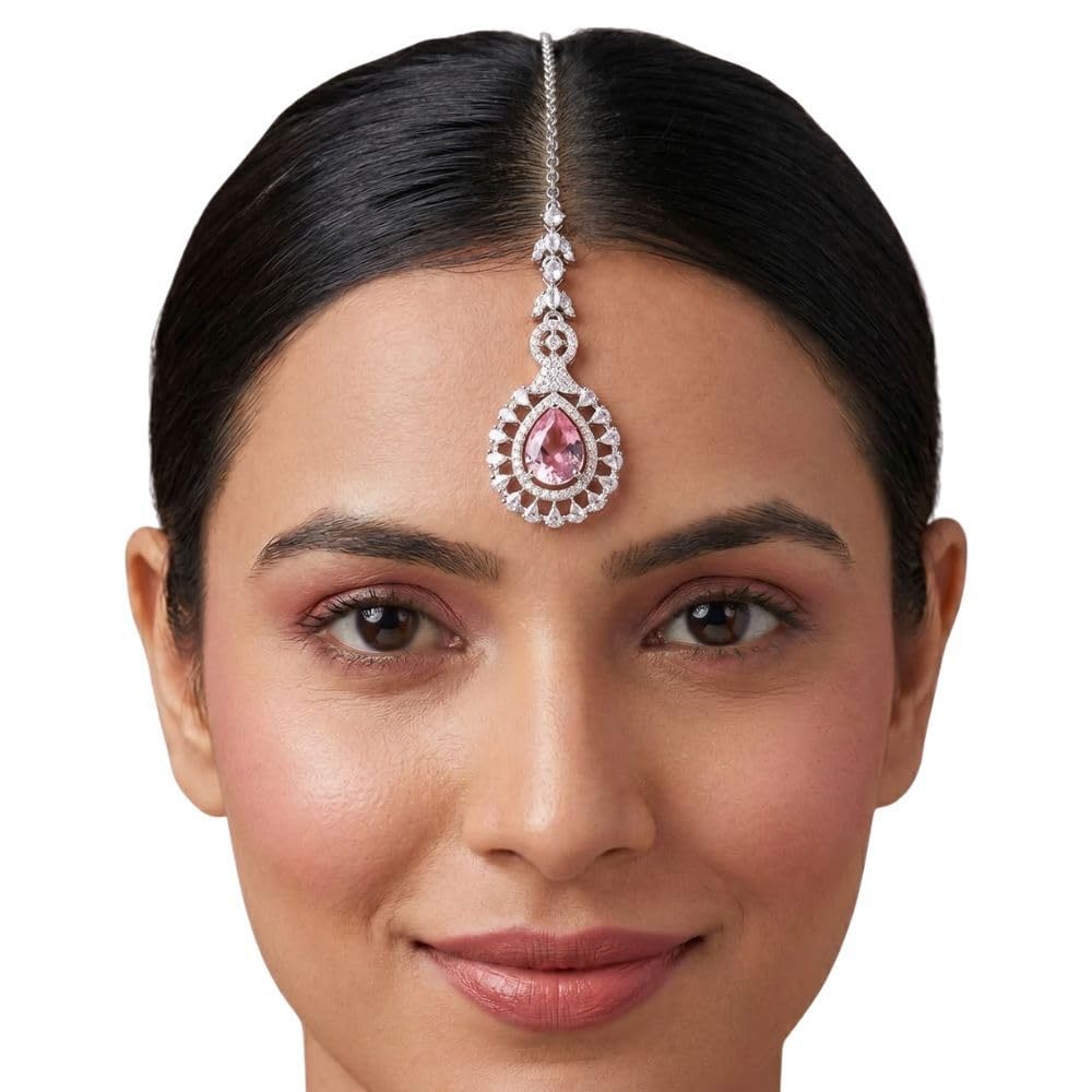 DAZZLE HOUSE Silver Maang Tikka with Pink Teardrop Stone, CZ Diamond Studded, Bridal Hair Jewellery-image-29
