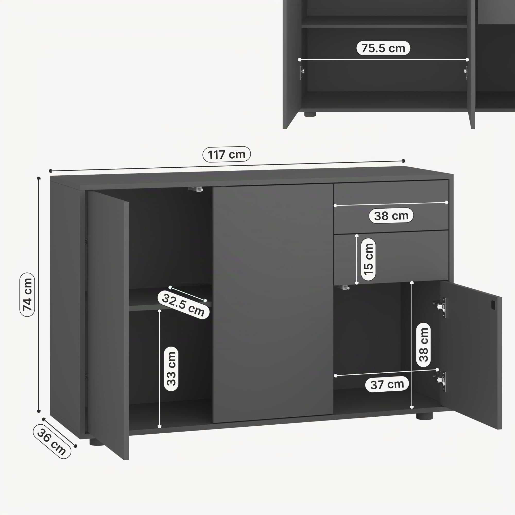 [en.casa] Aparador Paarl Cómoda Armario Bajo 74 x 117 x 36 cm con 2 Cajones y 3 Puertas Organizador de Oficina Sideboard Cajonera Multiusos Mueble Auxiliar Sin Mango - Gris Oscuro Mate