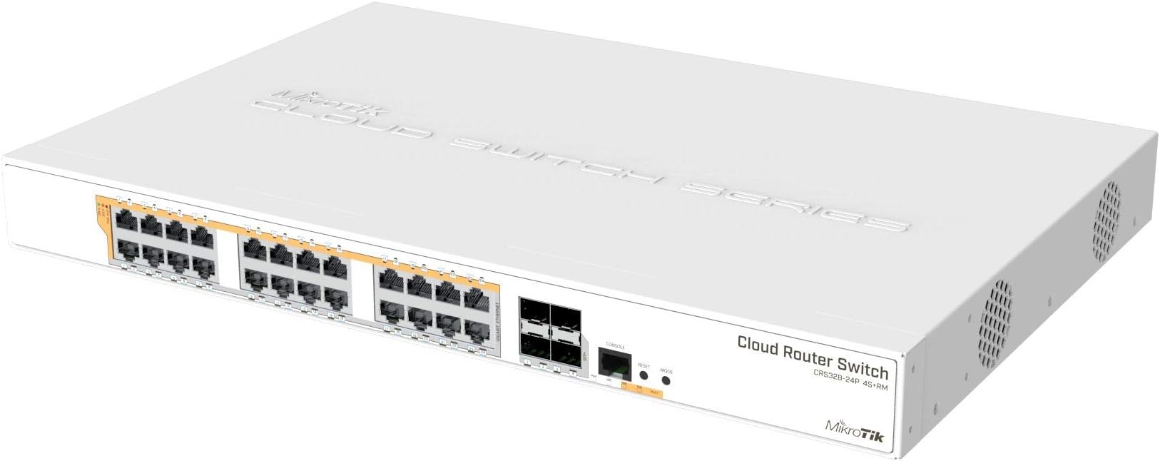 Mikrotik CRS328-24P-4S+RM 24 port Gigabit Ethernet router/switch with four 10Gbps SFP+ ports in 1U rackmount case, Dual Boot and PoE output, 500W