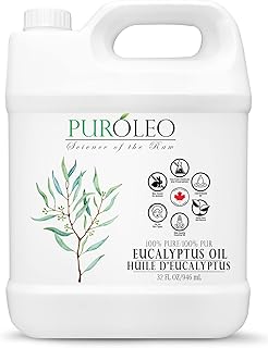 PUROLEO Eucalyptus Essential Oil 32 Fl Oz/946 ML (Made In Canada) 100% Pure | Natural Aromatherapy Oil for Diffuser, massage, shower, bath oil steamers, sauna | huile essentielle
