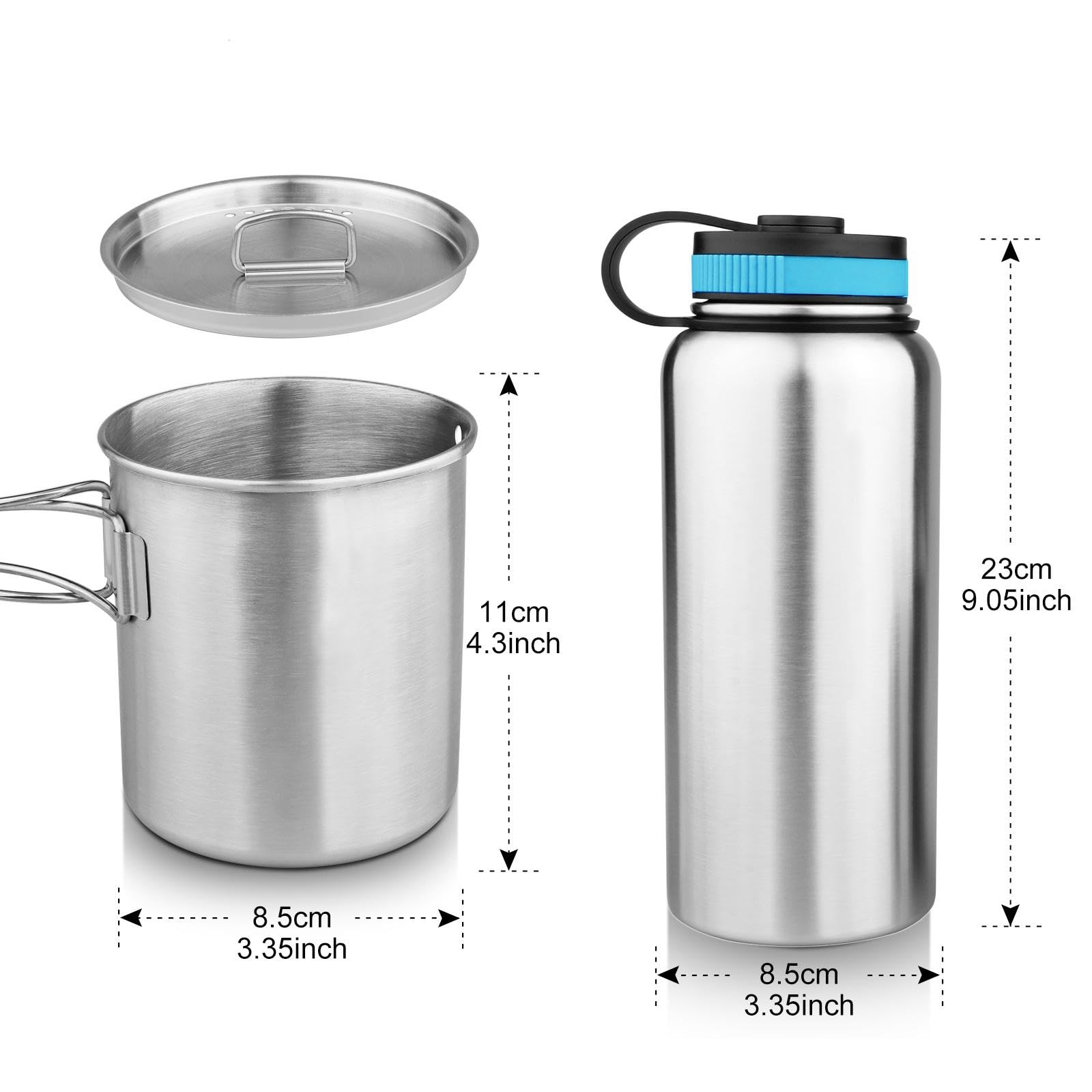 Acciaio Inox Borraccia 1L Con Tazza Annidata E Coperchio | manico pieghevole, utilizzabile sul fuoco, leggera da trasportare, senza odori