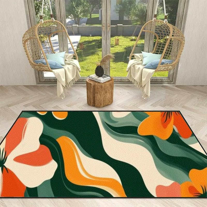 3x5 Rug Retro Floral Wavy and Naive Style Organic Shapes Vibrant Flowers Print Machine Washable Area Rugs for Entryway Bedroom Bedside Outdoor
