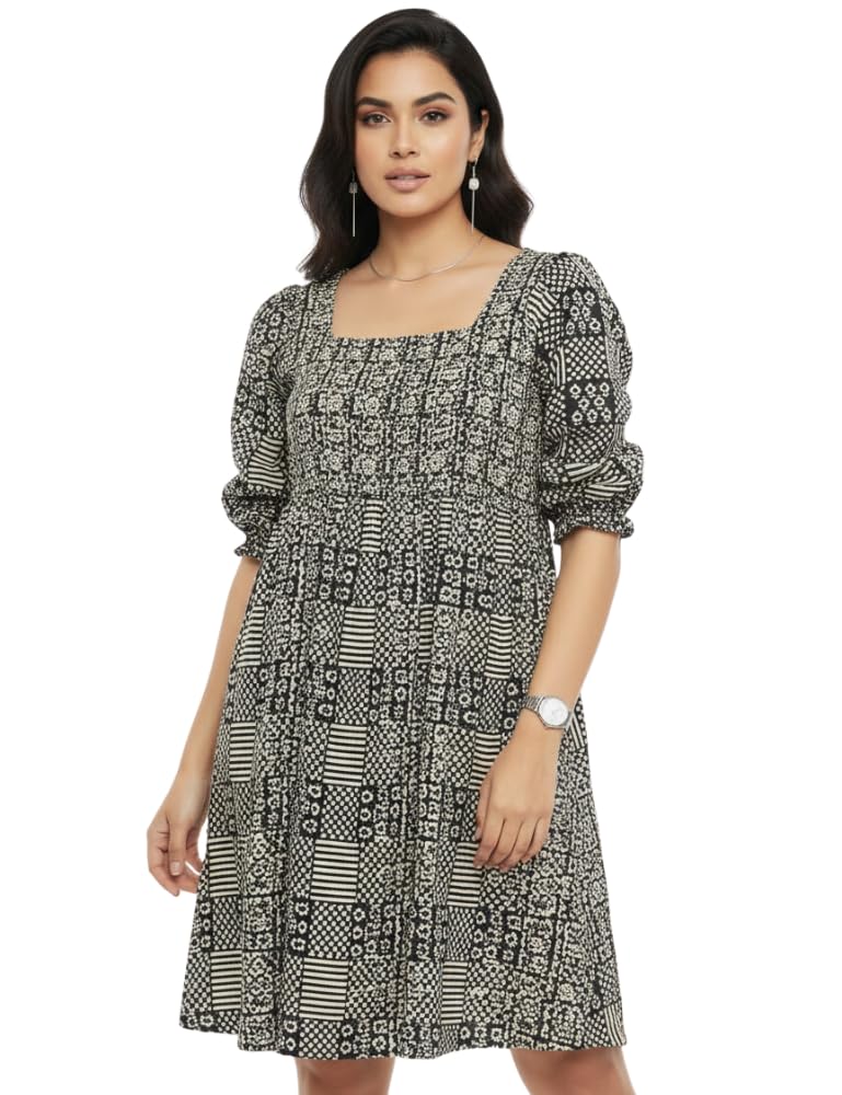 Women's Printed A-Line Midi Dress | Square Neck Puff Sleeve Western Dress | Smocked Bodice Casual Dress for Women | Comfortable Office Wear, Brunch & Everyday Outfit-picture-47