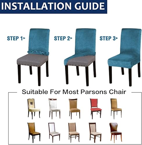 Miniatura 6 de Juego de 6 fundas elásticas de terciopelo para sillas Parsons, fundas extraíbles suaves para sillas de comedor, hotel (azul pavo real, 6)