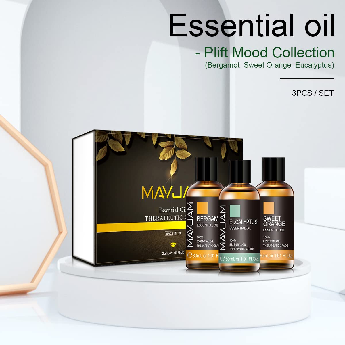 MAYJAM Set di Oli Essenziali 3 * 30ml Bergamotto Eucalipto Arancio Dolce, Set Regalo Di Oli Essenziali Per Aromaterapia Per Diffusore, Umidificatore