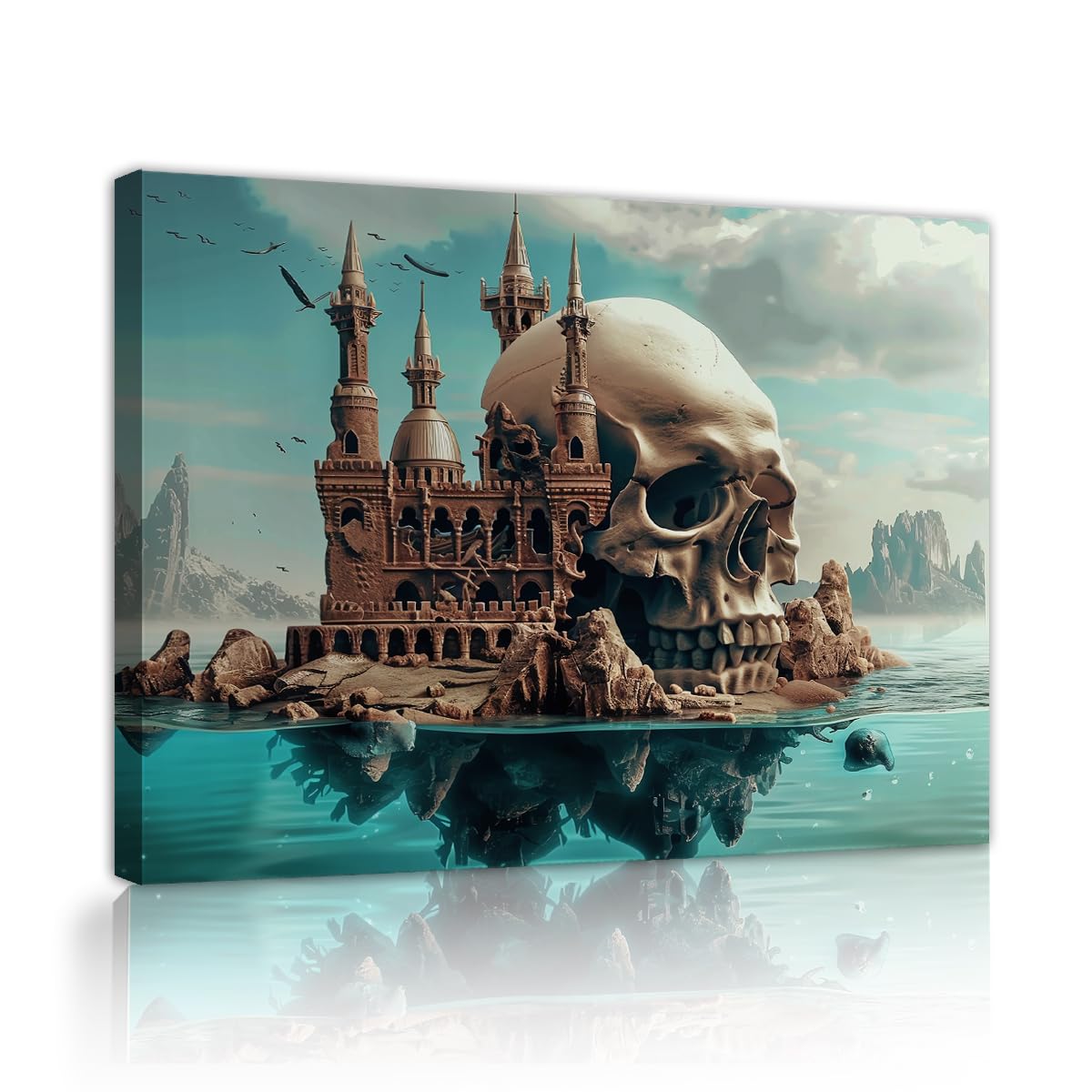 YUNART Medieval Castle Picture Gothic Castle Canvas Wall Art Surreal Floating Island Ocean Prints Fantasy Sea Landscape Library Wall Art 30x40cm Innerframe