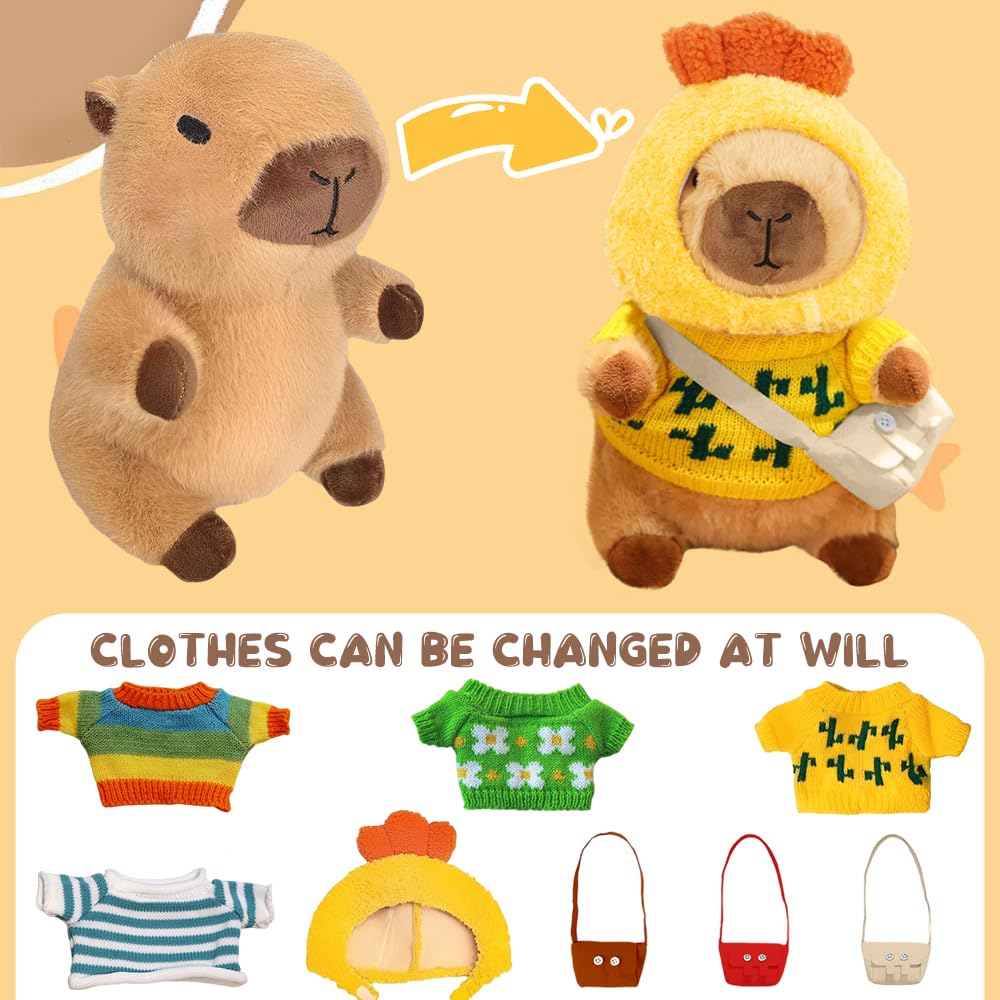 Peluche Capibara 9 En 1 Con Ropa Y Accesorios – Set De 30 Cm Con 5 Vestidos, 2 Bolsas Y Sombrero De Zanahoria, Regalo Perfecto Para Niños