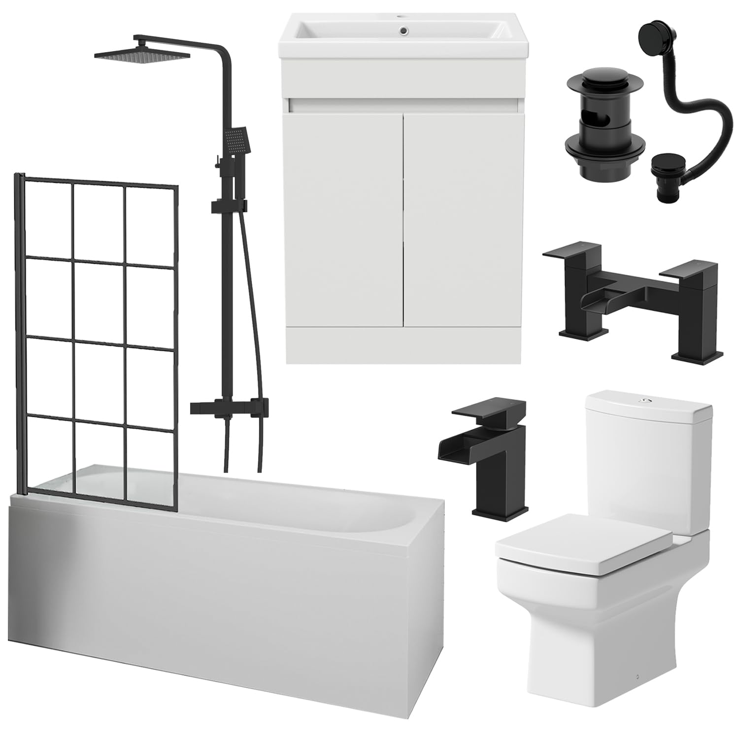 Baystone Complete Bathroom Suite 1700mm Single Ended Curved Bath Black Grid Screen Basin White Vanity Unit Close Coupled Toilet WC Thermostatic Mixer Shower Taps Waste