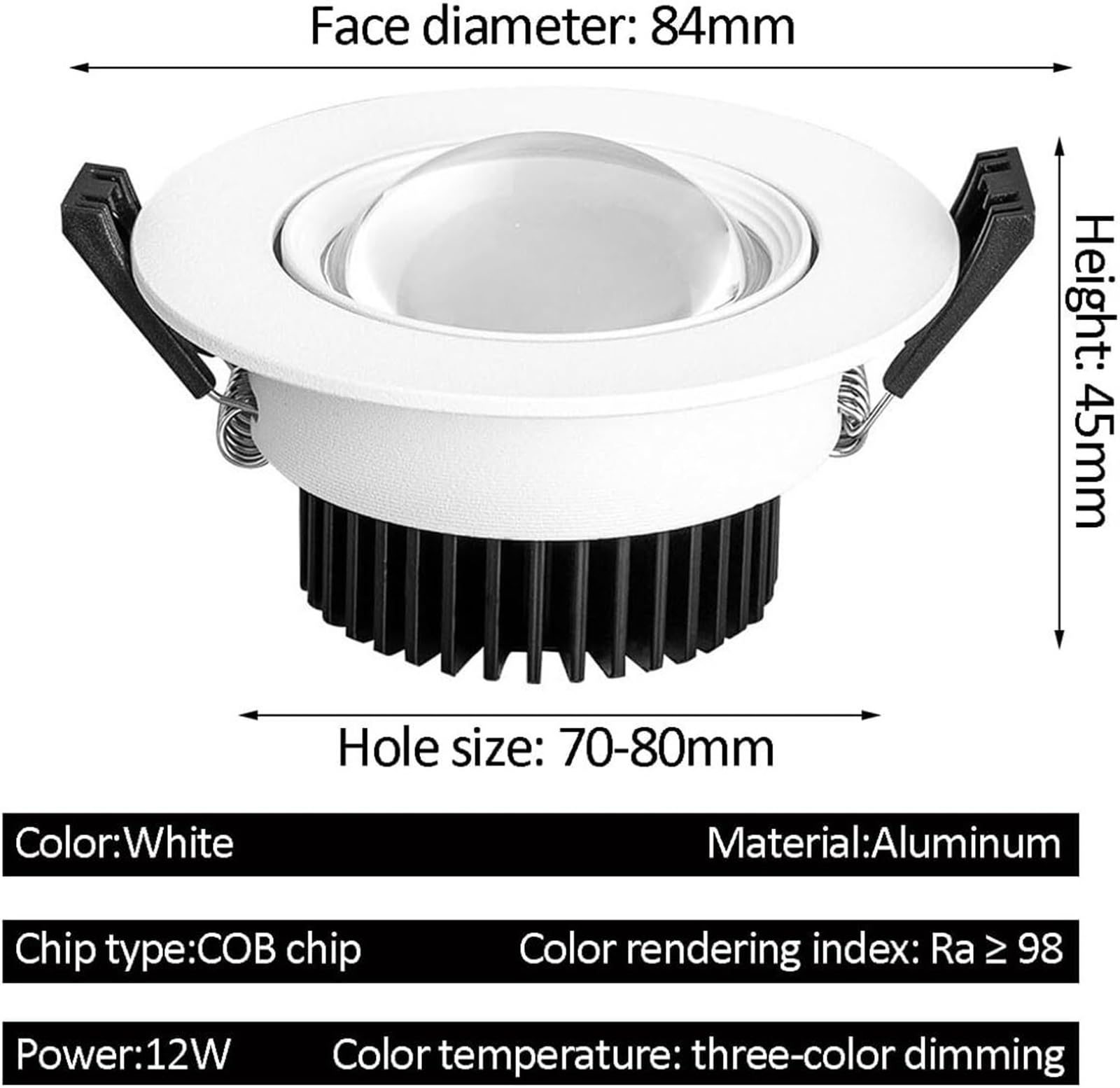 Foco empotrable LED Regulable 12 W 33 Pulgadas Redondo de aleación de Aluminio Paquete de 10,