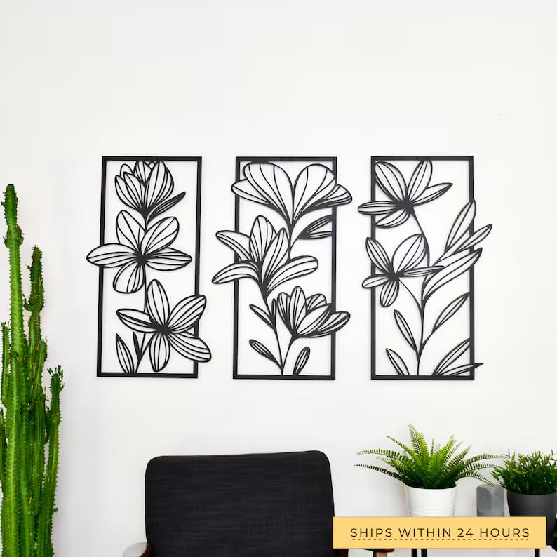 Image of Set of 3 Black Floral woodan Metal Wall Art - 30x18cm Each - Modern Botanical Decor for Bedroom, Dining Room, Hallway or Office - Great Gift