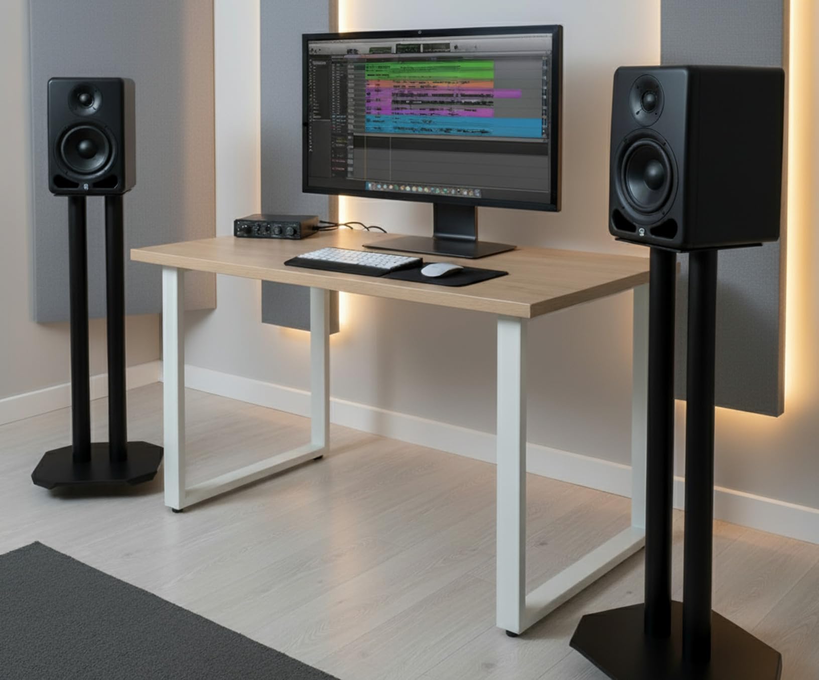 QTX Supporti per monitor da studio, altezza 50 cm, forniti in coppia, supporti per altoparlanti in acciaio nero con picchetti, ideali per home studio, suono surround, home cinema, DJ e apparecchiature