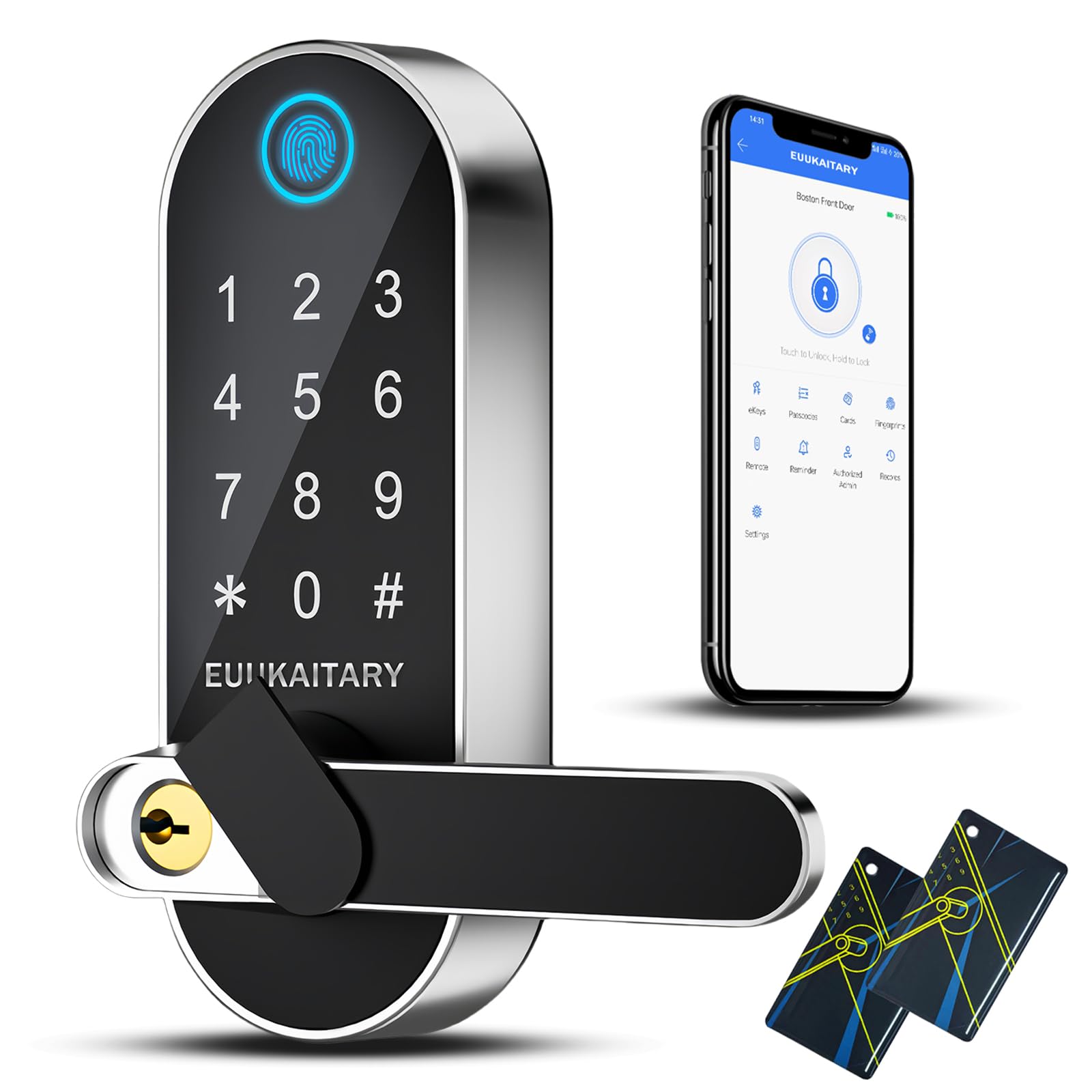 Keyless Entry Door Lock, Fingerprint Door Lock with Handle, Smart Locks for Front Door and Bedroom, WiFi Electronic Locks, App Remote Control, Digital Keypad with Knob, Auto-Lock