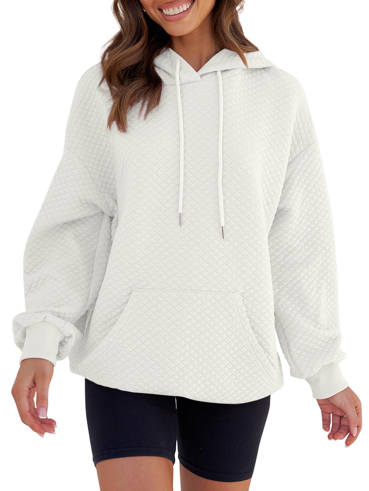 MEROKEETYWomen's Oversized Quilted Sweatshirt Long Sleeve Drawstring Pullover Hoodies with Pocket