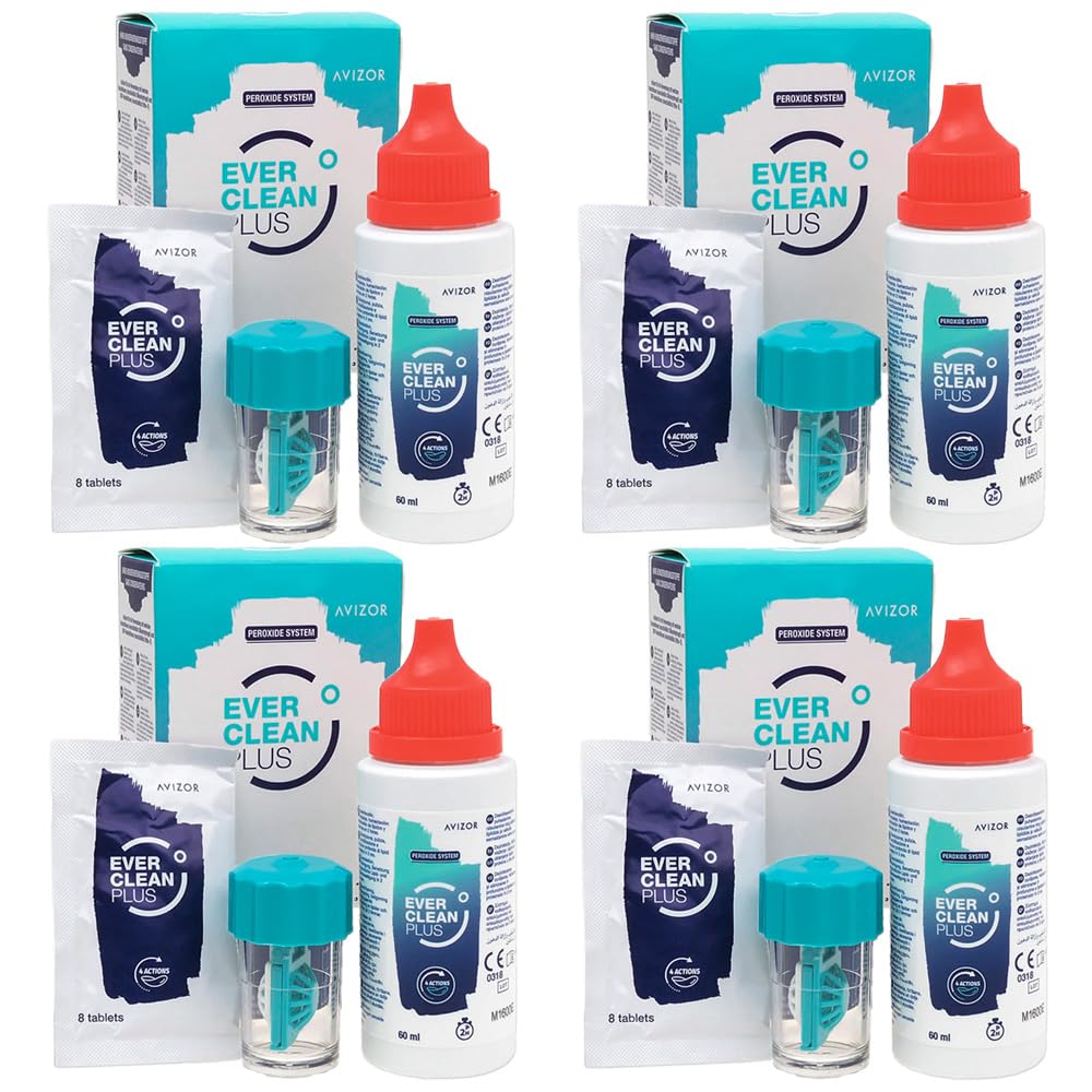 EVER Clean PLUS – Reise-Kit – Reinigungs- und Desinfektionslösung für Kontaktlinsen – Tiefenreinigung von Lipidablagerungen – Ideal für Reisen – 4x60ml + 32 Tabletten