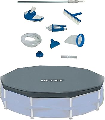 Intex Deluxe Maintenance Cleaning Kit & 12-Foot Round Frame Easy Set Pool Cover