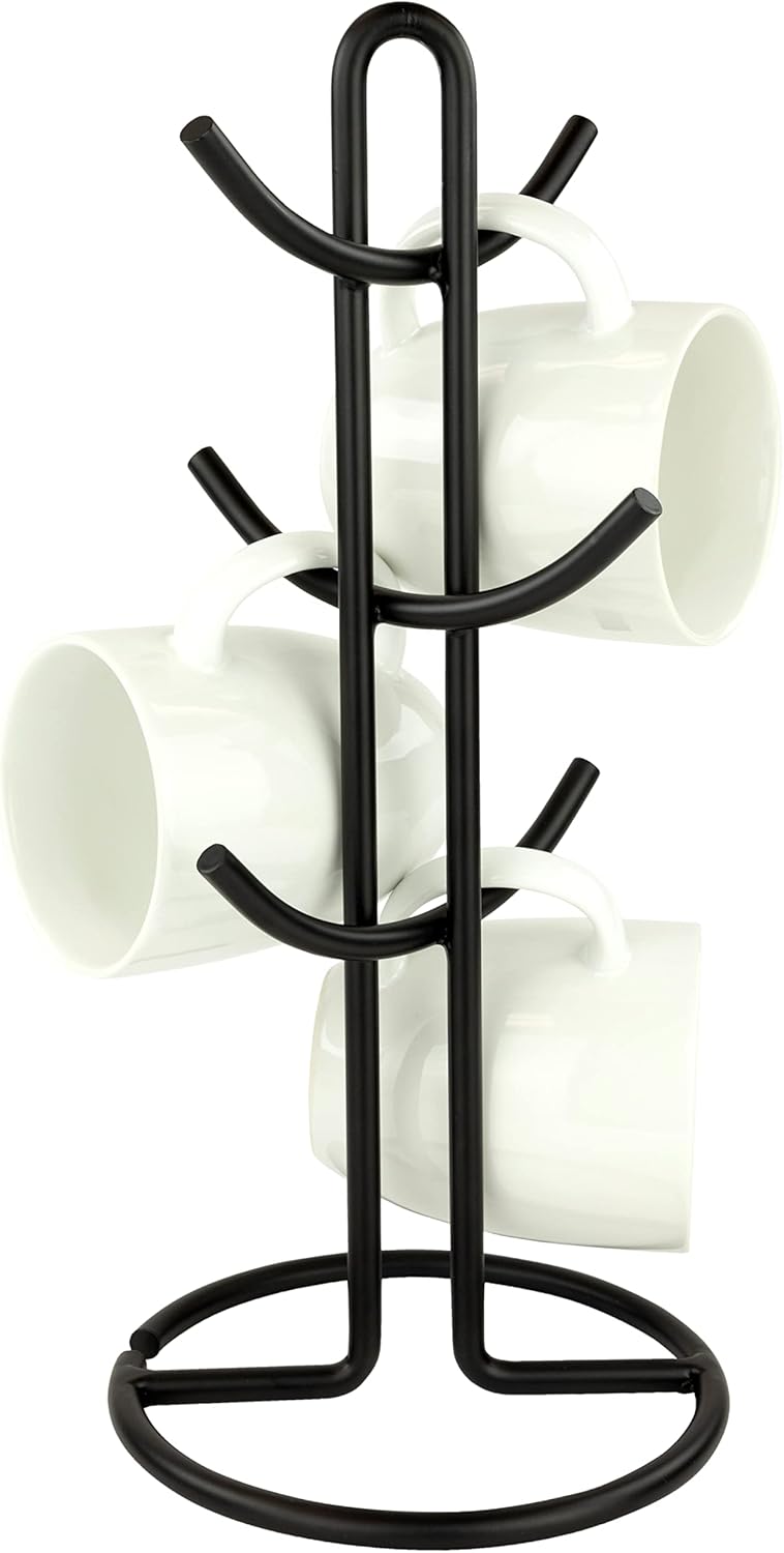 Spectrum Euro Modern Mug Stand for Coffee Cups Mugs Espresso Teacups Kitchen Organizer, Standing Cup Tree for 6 Mugs Sturdy Steel Base with Six Hook Arms Support Most Sizes, Black