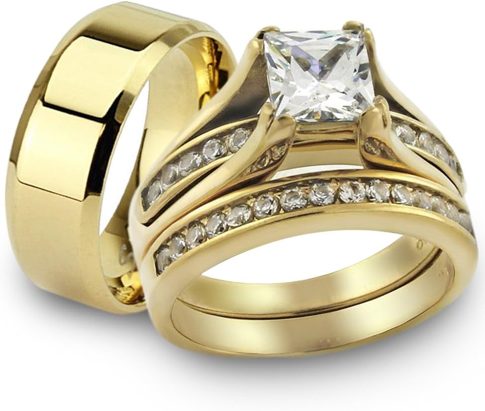 Marimor Jewelry Her and His 14K Gold Plated Stainless Steel 3 Piece Wedding Engagement Ring and Men's Band Set