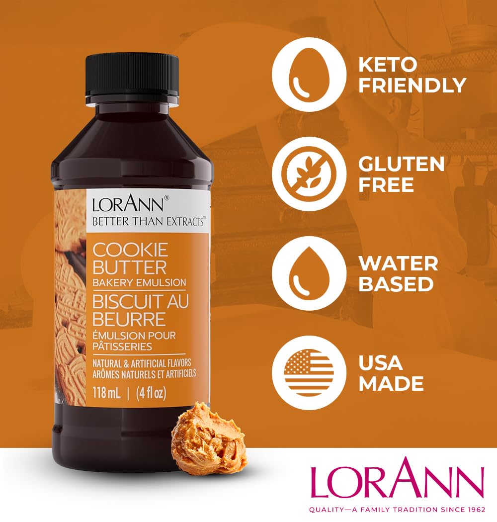 LorAnn Oils Cookie Butter Bakery Emulsion: True Essence, Ideal for Boosting Fruit Tones in Cakes, Cookies & Desserts, Gluten-Free, Keto-Friendly, Extract Substitute Essential for Your Kitchen, 16 Oz