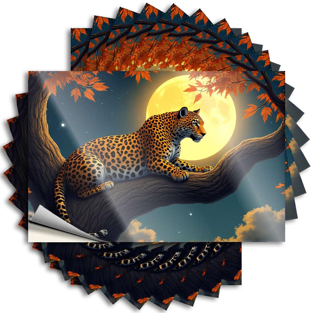 Fzfn Colour Front Porch Decor Farmhouse Hat Saying | A Leopard Rests On A Tree Branch Under A Full Moon. Fluffy For Sports Decor(8X12cm)