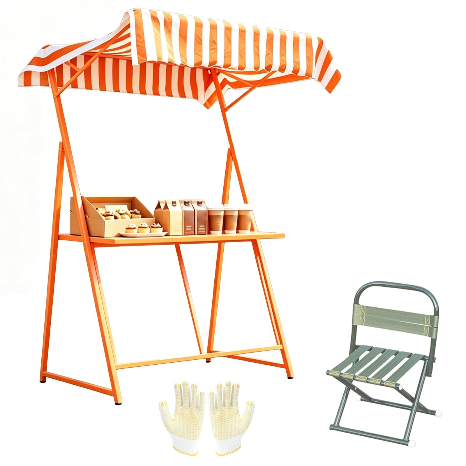 Carrello Venditore Portatile con Tenda e Sedia, Banco Commerciale per Mercato All'aperto, Chiosco Alimentare per Eventi e Barbecue(Red)